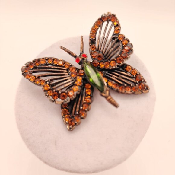 Vintage  Weiss Bronze Butterfly Brooch With Amber & Green Rhinestones - Picture 5 of 10